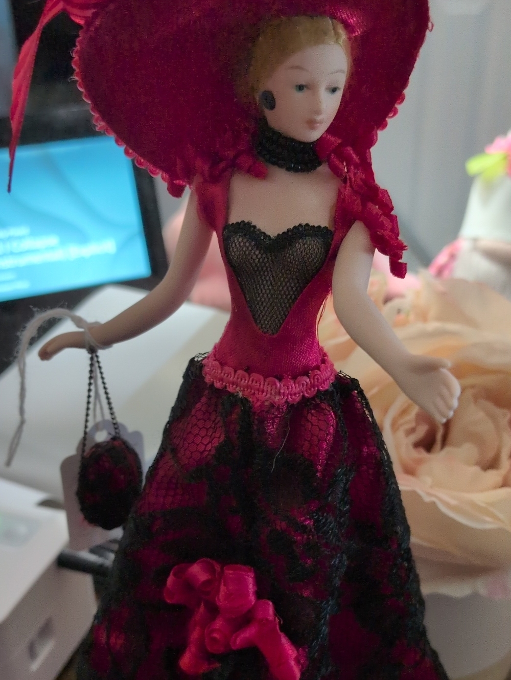 TASSEL DOLL In Elegant Red and Black Lace Dress Hat & Purse Set